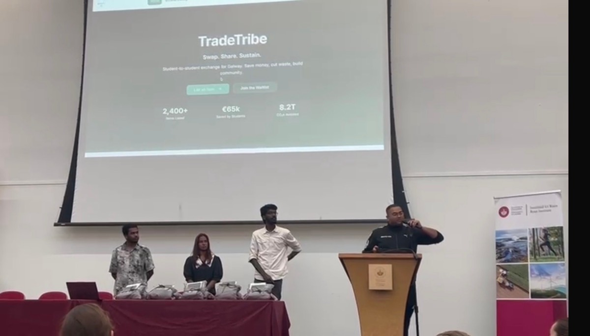 Murtuza pitching TradeTribe, a student-to-student exchange for Galway, with his team
