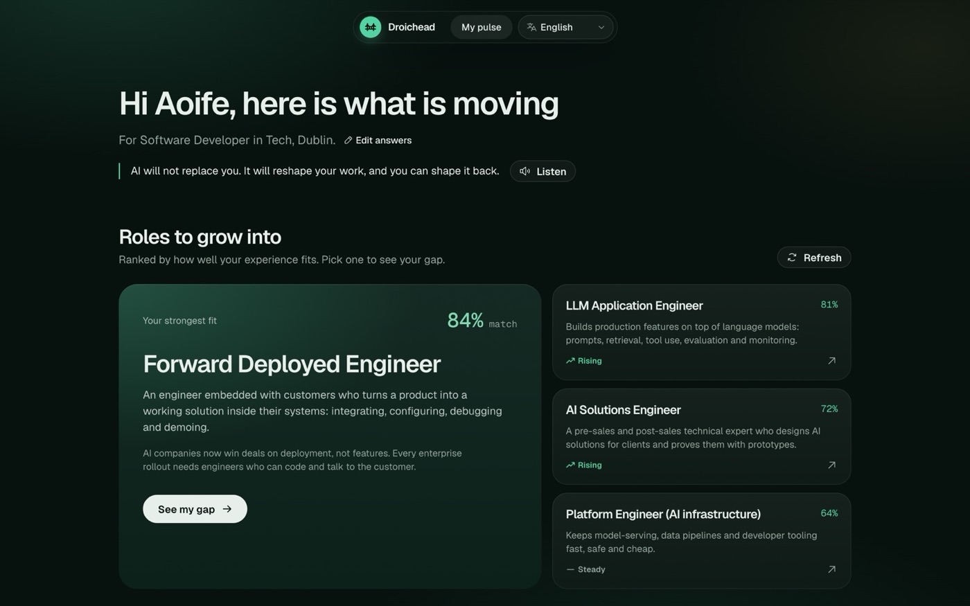 Droichead's Pulse screen ranking roles to grow into, with Forward Deployed Engineer as the strongest fit at 84 percent